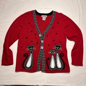 Vtg Timberlea Cat Cardigan Sweater Red Womens XL Ramie Oversized Grandma 90s